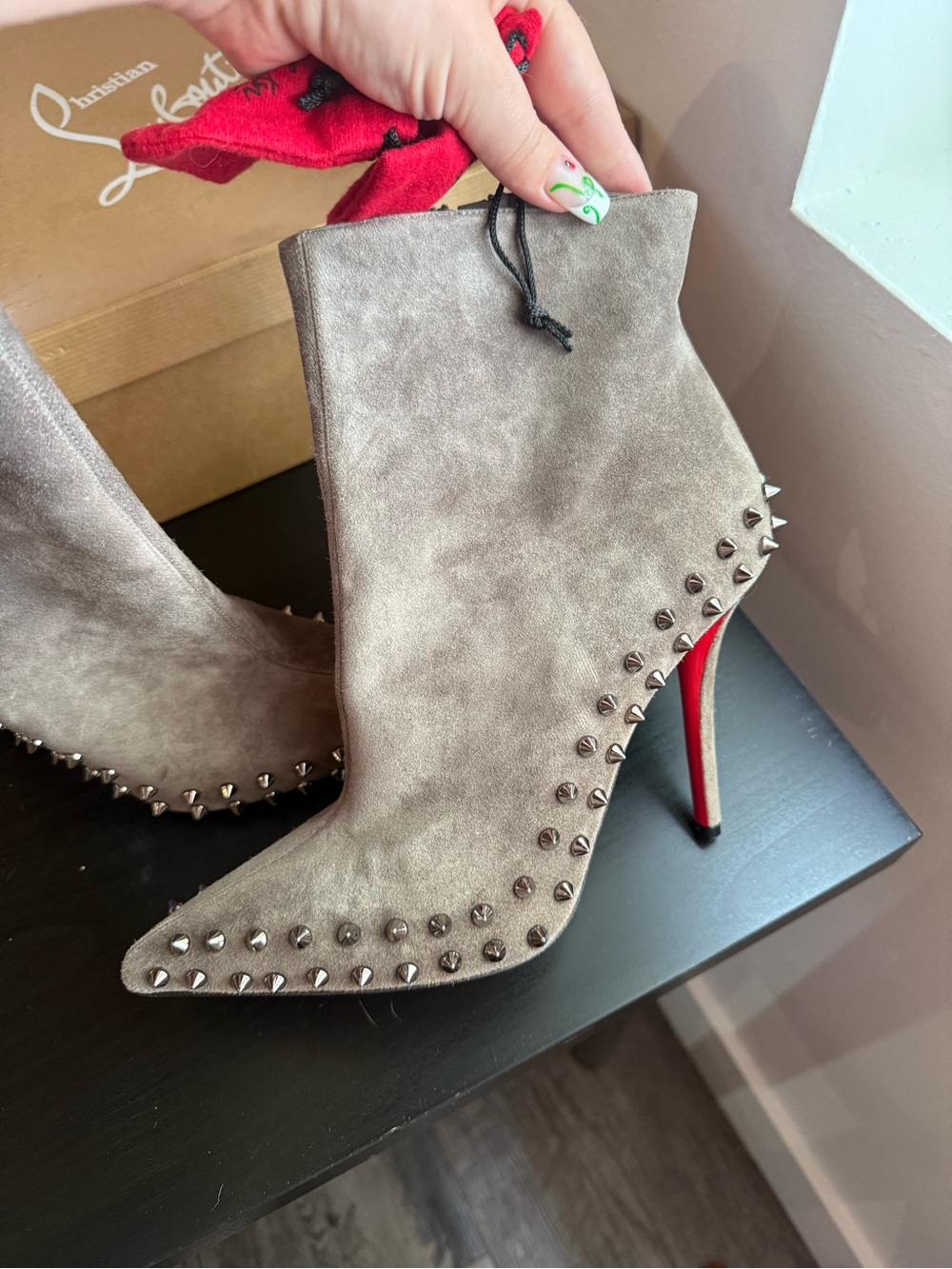 Christian Louboutin Gray Suede Studded Ankle Boots with Red Sole - Picture 6 of 11
